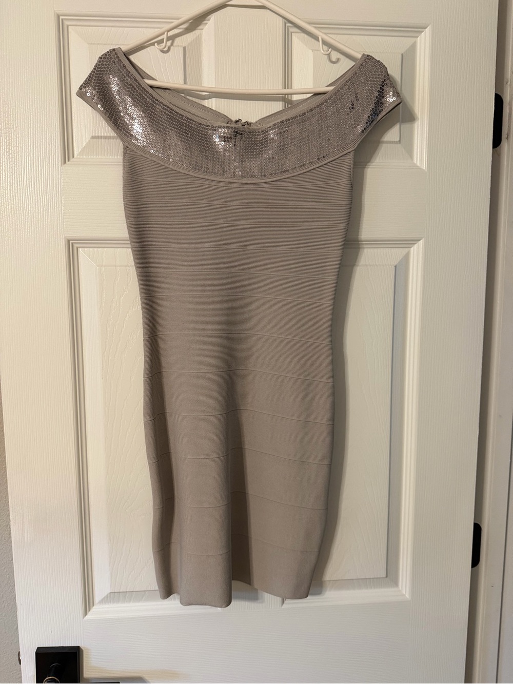 Guess Off-Shoulder Sequin-Trim Pencil Dress in Taupe
